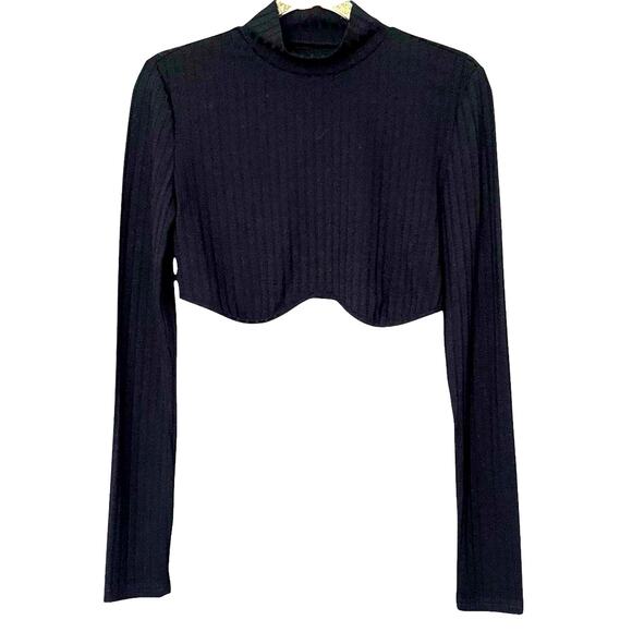 Y2K Black Long Sleeve Ribbed Knit High Neck Crop Top Size Small - Picture 1 of 6